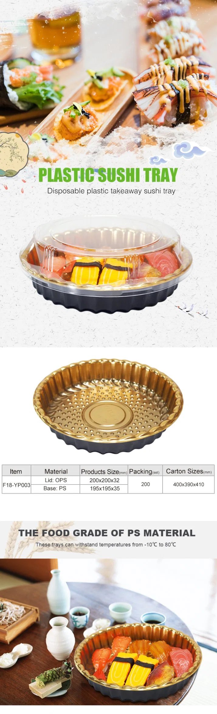 Takeaway Sushi PS Tray Cake Boxes Package Wholesale Different Size Round Boxes PP Tray with Pet Lid