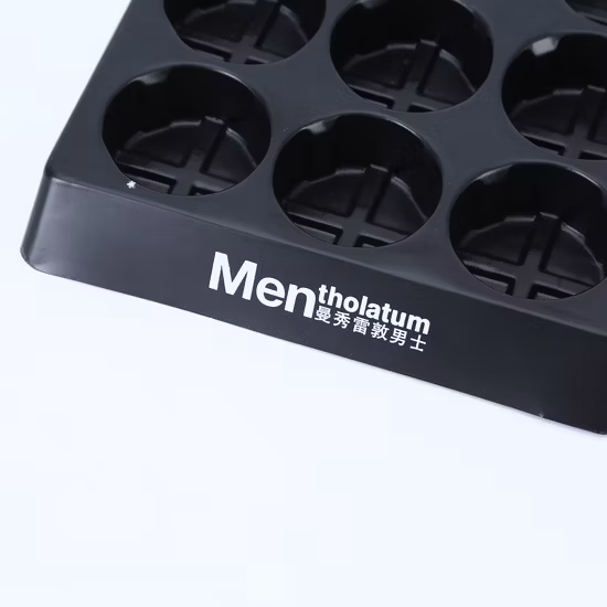 Plateau d'emballage en plastique noir avec logo imprimé personnalisé pour nettoyant pour le visage