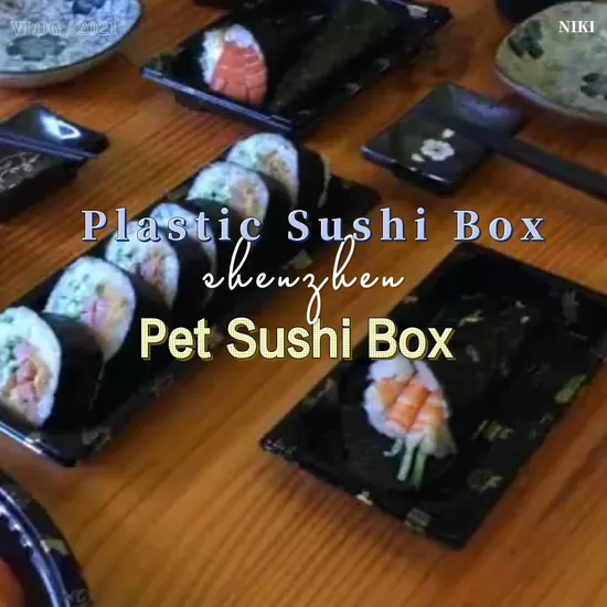 Vaisselle en plastique jetable à emporter, plateau à sushi en plastique PS de 190mm de longueur, boîte noire avec couvercle