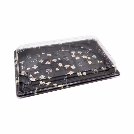 Roku Rectangle Sakura Boîte à nourriture en plastique noir Plateau à sushi à emporter avec couvercle transparent